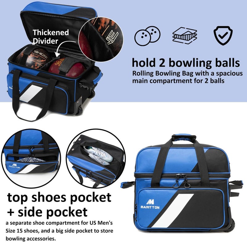 MARITTON Bowling Bag with Wheels Double Roller 2 Ball Bowling Separate Shoe Compartment and Oversized Accessory Pocket, 36.6" Extendable Handle. - Image 2